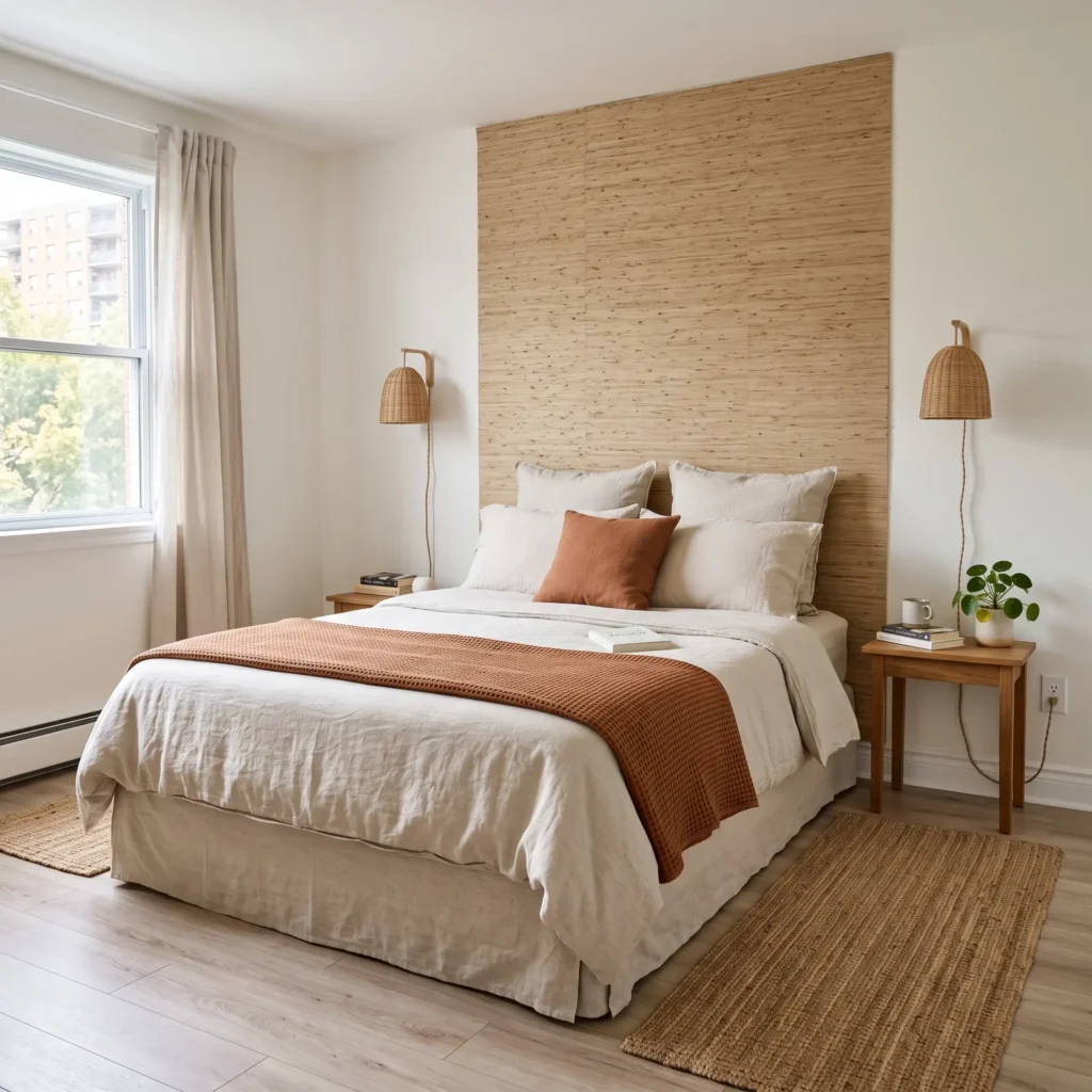 Renter-friendly earthy bedroom with removable grasscloth wall panel, plug-in rattan sconces, and rust bedding.