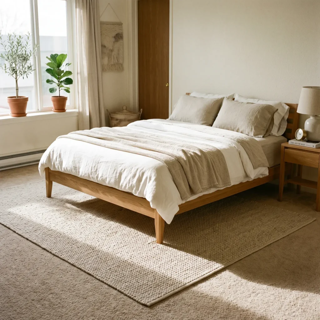 Natural wool area rug layered over standard rental carpet under an oak bed frame.