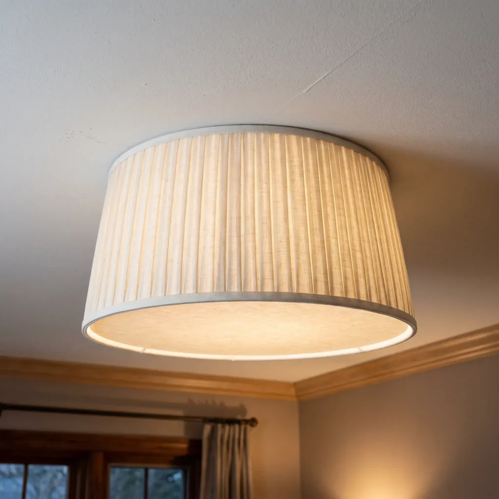 Pleated linen drum shade covering a builder-grade ceiling light fixture in an apartment bedroom.