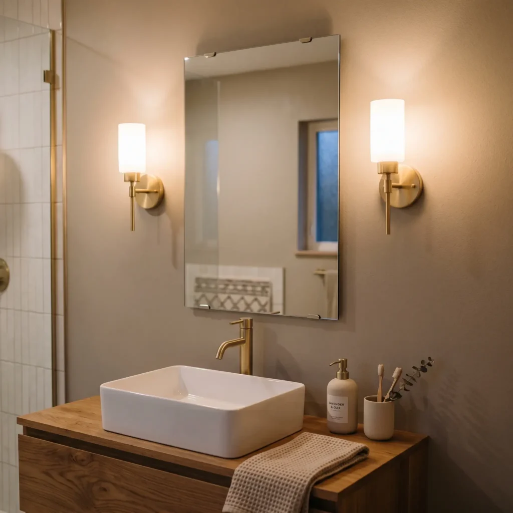 Pair of modern brass battery-operated sconces mounted beside a rental bathroom mirror without visible cords or wall damage.