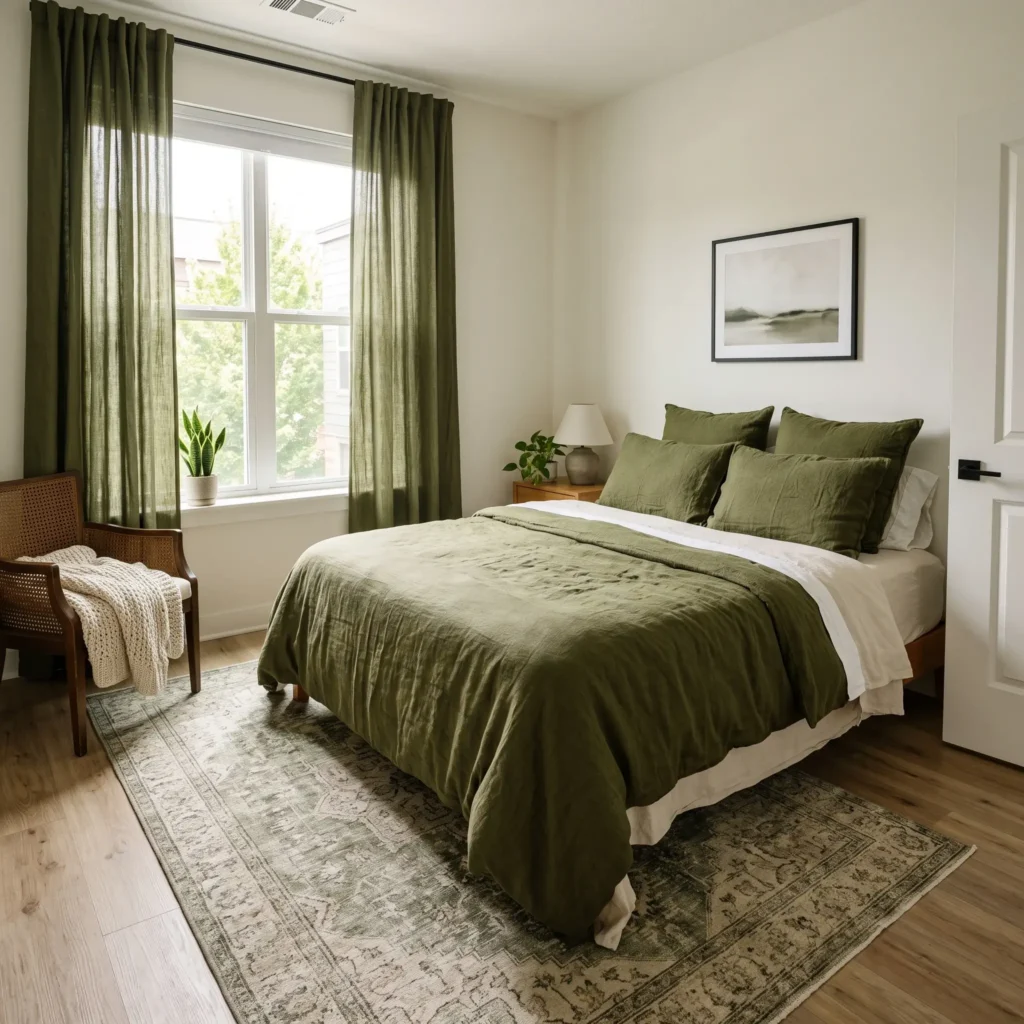Renter-friendly white bedroom transformed with olive green linen bedding, olive velvet drapes, and hanging wall art.