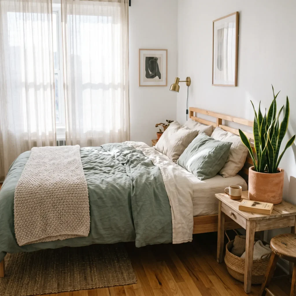 Renter friendly bedroom setup with white walls and layered sage green linen bedding and potted plants