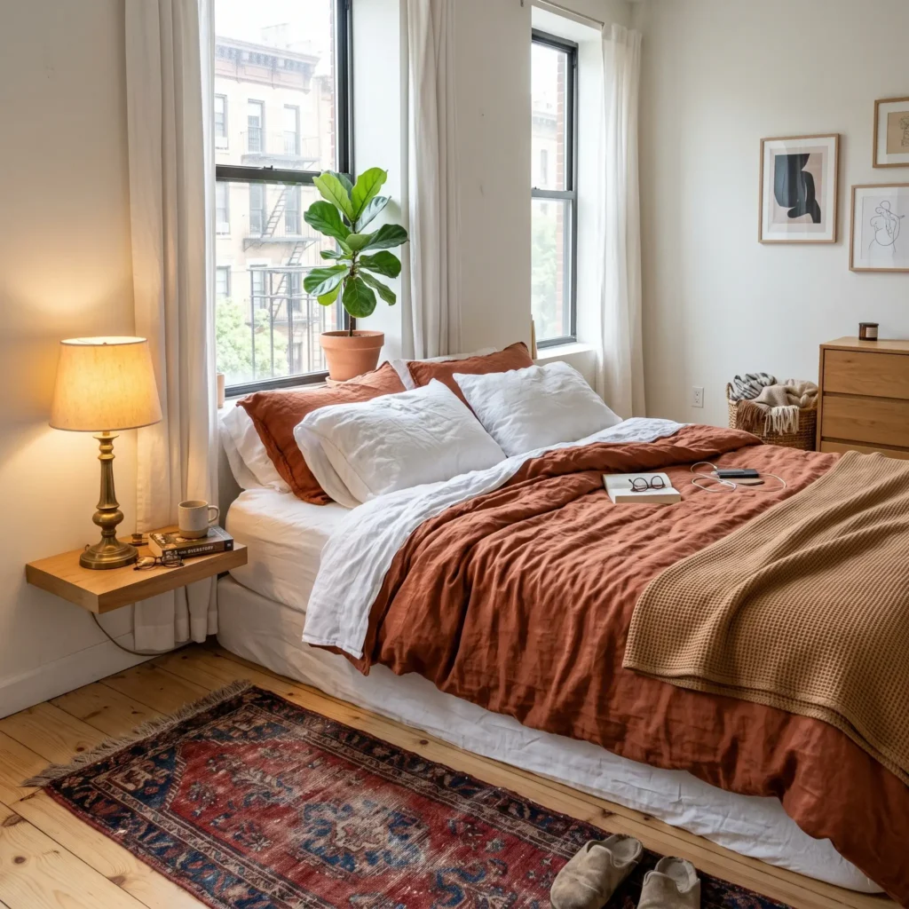 Rental bedroom with white walls styled with rich terracotta linen bedding, brass bedside lamps, and a vintage runner rug.