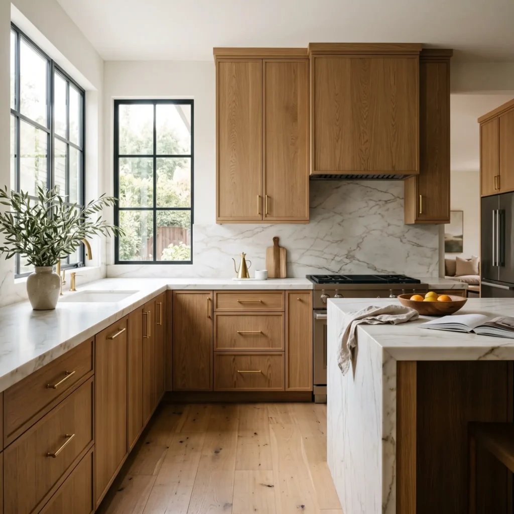 Modern kitchen with rift-sawn white oak slim shaker cabinets and honed Calacatta marble countertops.