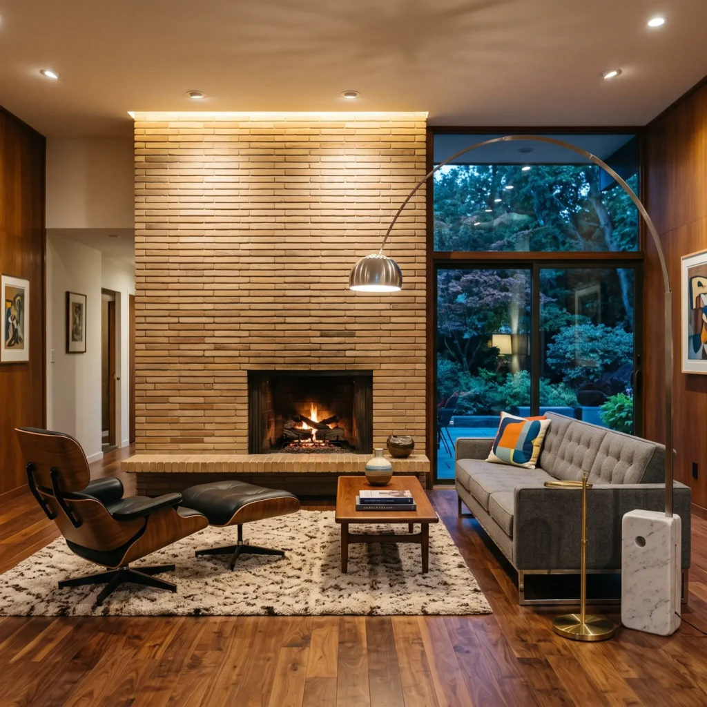 Mid-century living room featuring horizontal Roman brick fireplace and tufted wool sofa
