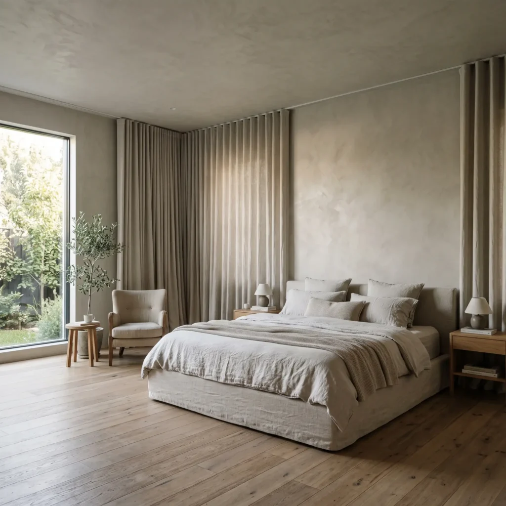 Primary bedroom with textured Roman clay walls and floor-to-ceiling ripple-fold linen curtains.