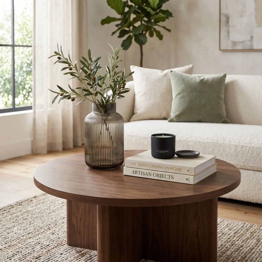 Round walnut coffee table styled with a triangular arrangement of a tall glass vase, books, and candle.
