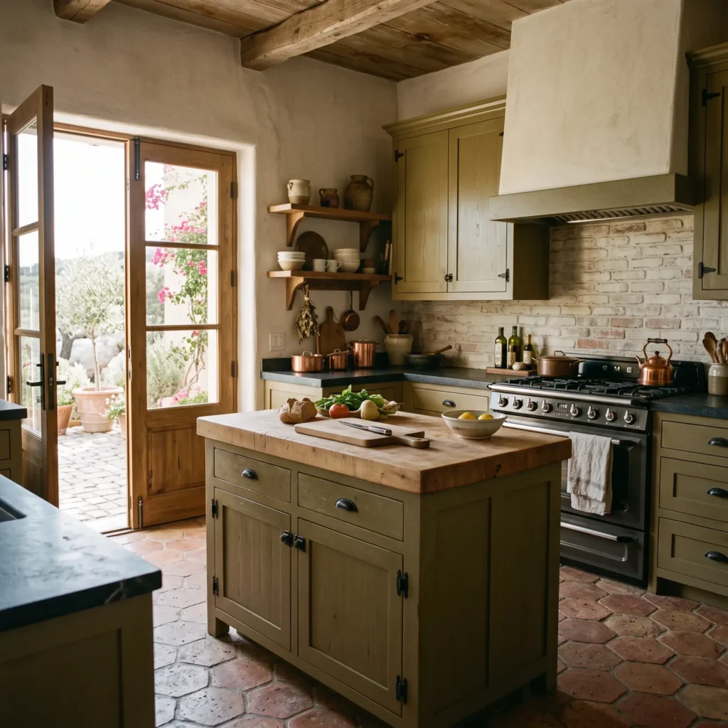 Rustic kitchen featuring Benjamin Moore Tate Olive cabinets, end-grain butcher block island, and reclaimed terracotta floor tiles.