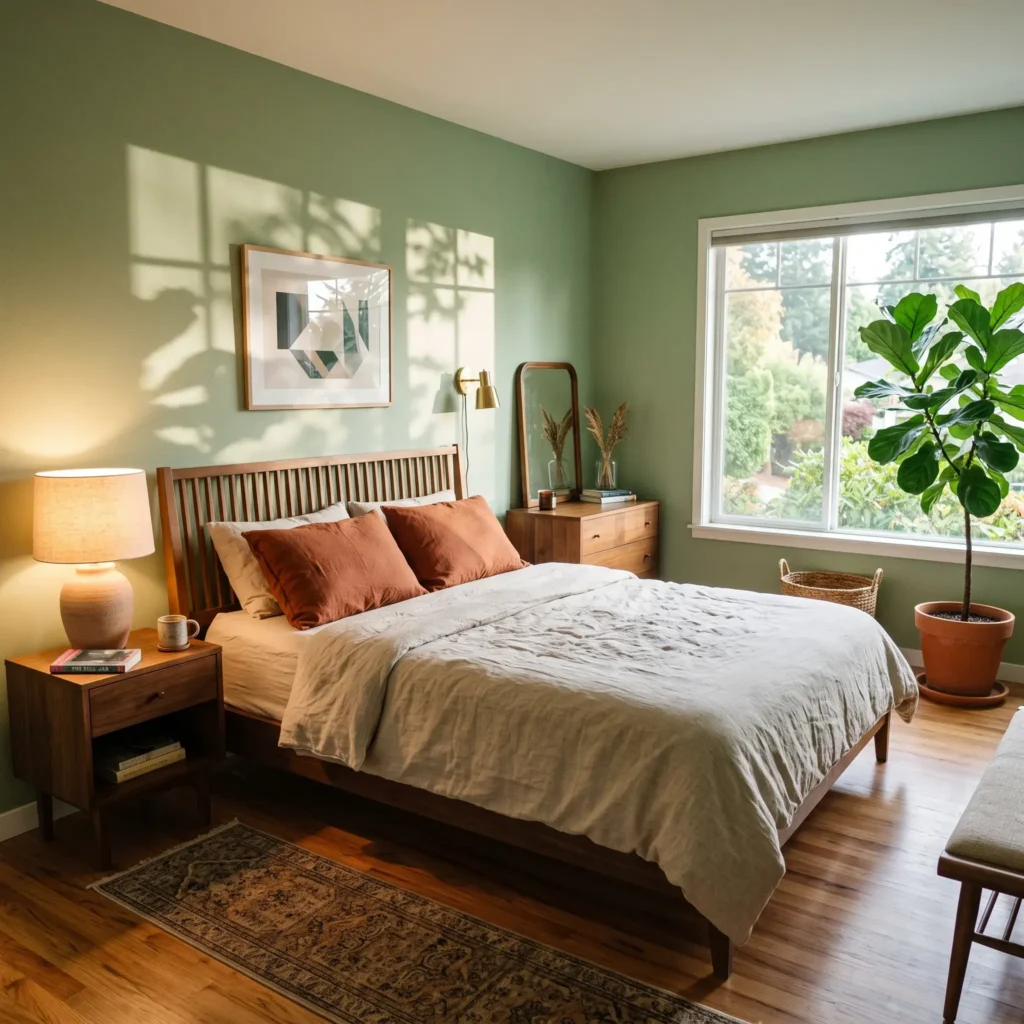 Traditional bedroom featuring sage green board and batten wainscoting and vintage botanical art prints