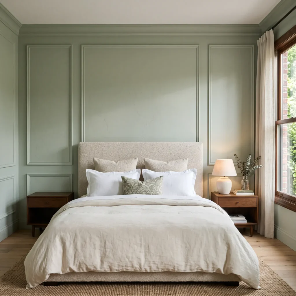 Sage green bedroom feature wall with applied picture frame moulding casting subtle shadows.