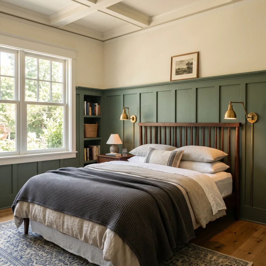 Sage green bedroom walls accented by terracotta throw pillows and an acorn wood bed frame