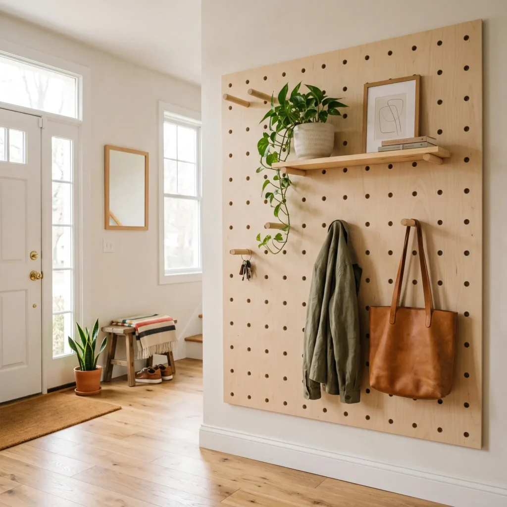 Large Scandinavian birch plywood pegboard with round wooden dowels holding floating display shelves and coats.