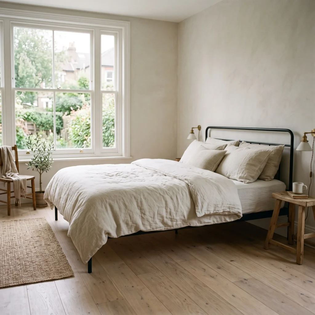  Scandinavian bedroom featuring matte Setting Plaster walls, black iron bed frame, and natural oatmeal linen sheets.