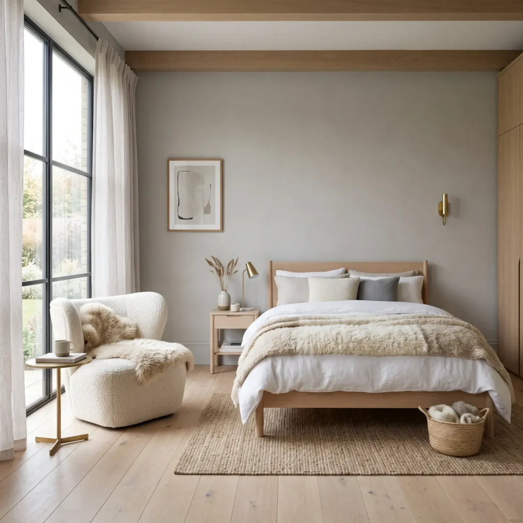 Scandinavian bedroom with French Gray sage walls, pale oak furniture, and an ivory bouclé chair