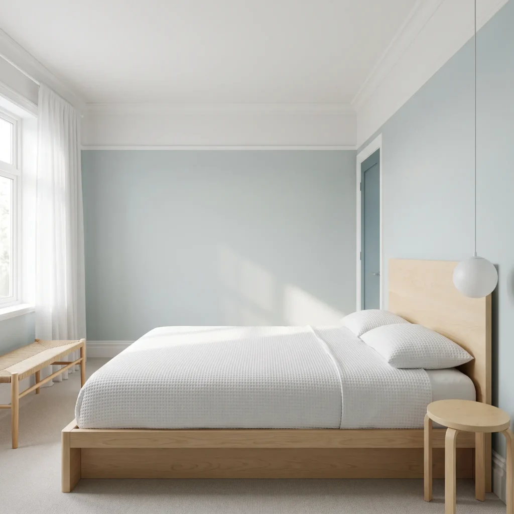 Scandinavian small bedroom featuring Farrow and Ball Skylight walls with birch wood furniture.