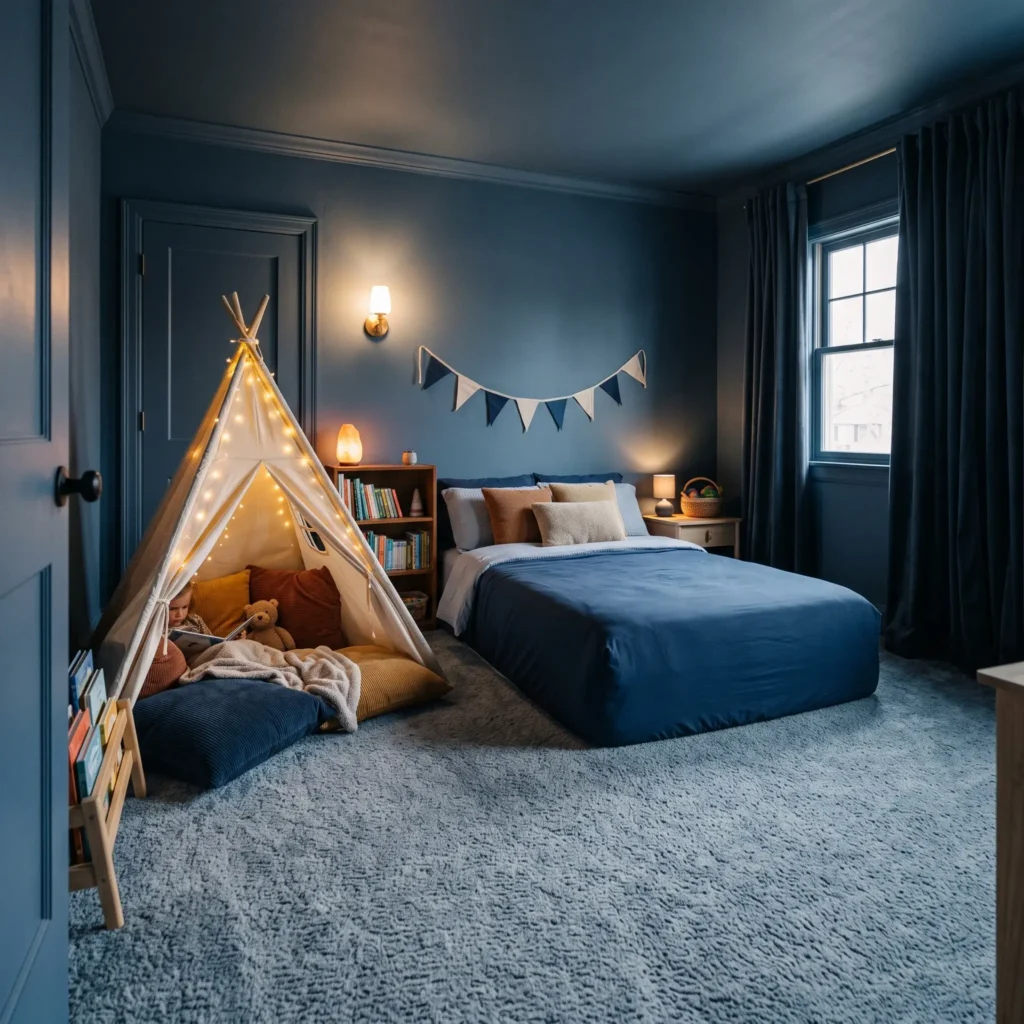 Calming sensory kids room with monochromatic dusty slate blue walls, blackout curtains, and a fabric reading nook tent.