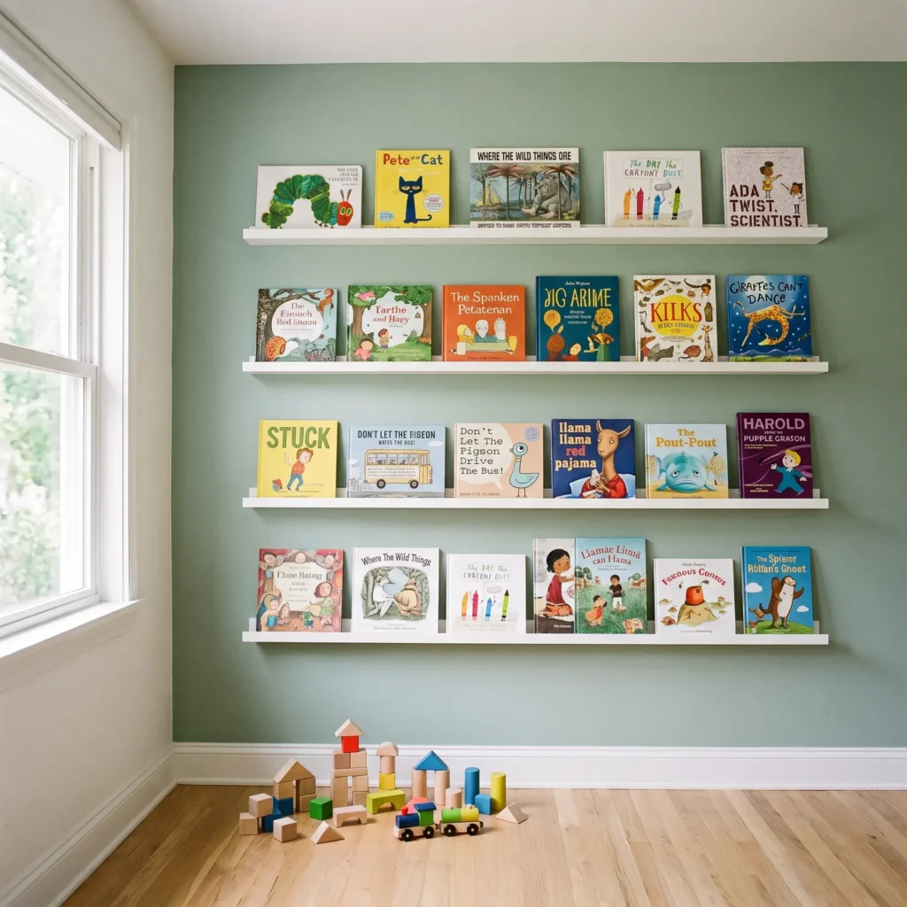 Four rows of shallow white picture rails mounted vertically on a bedroom wall holding colorful children books.