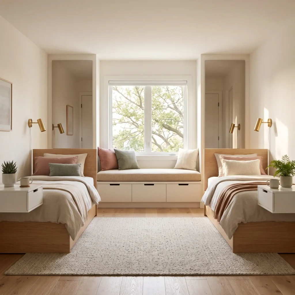 Symmetrical teen girl bedroom layout with twin beds flanking a center window with storage bench.