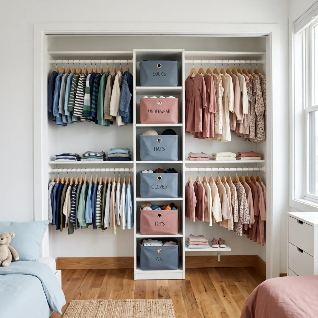 Small organized shared reach-in closet split equally between two children with double hanging rods and center cubbies.
