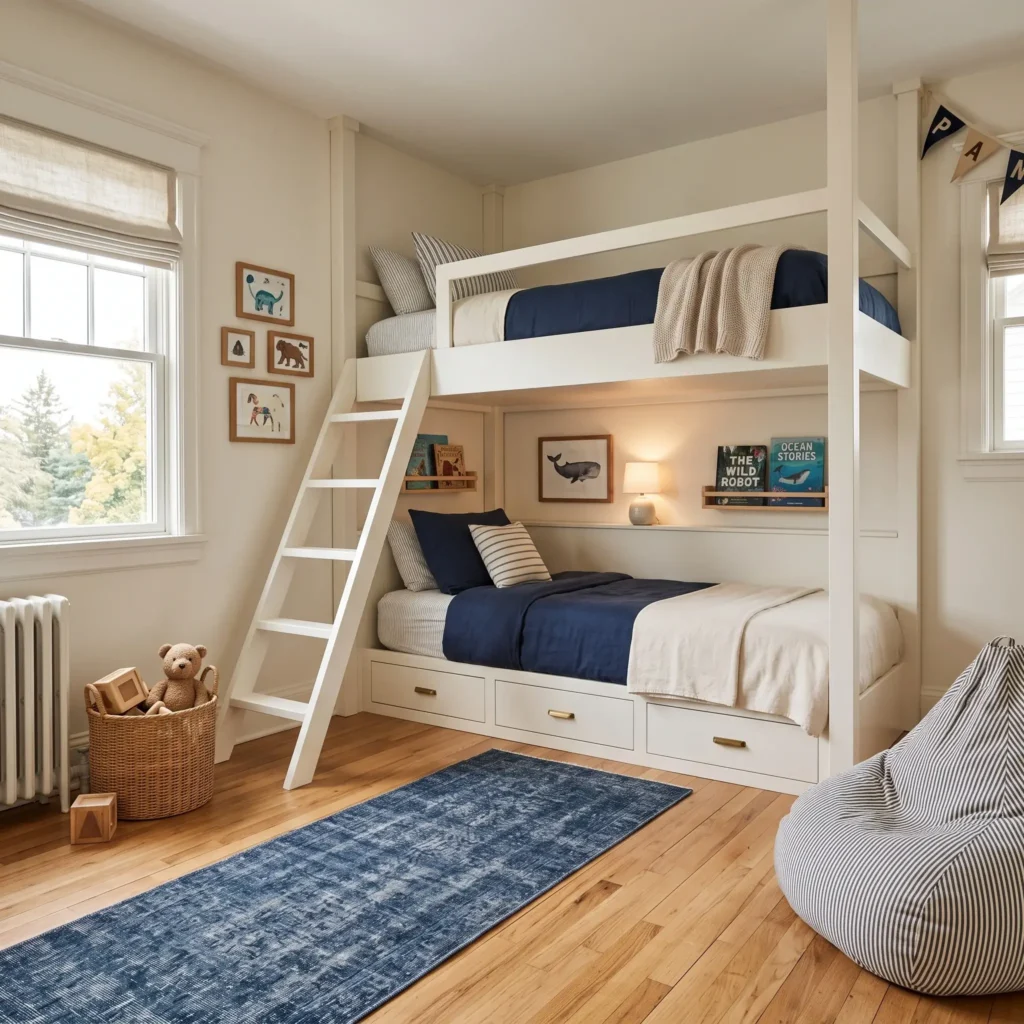 L-shaped wooden corner bunk bed setup in a shared kids bedroom with navy and white striped bedding.