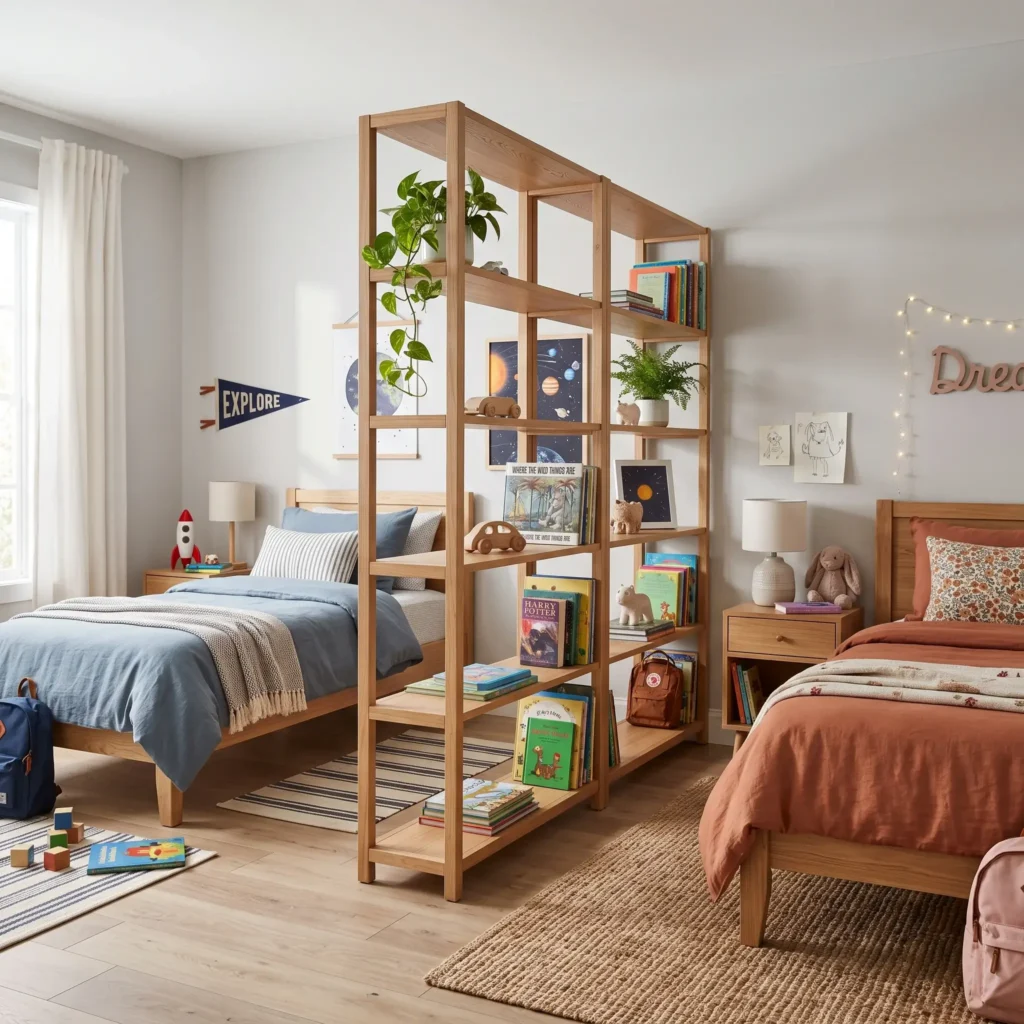 Two twin beds separated by a central open-shelf bookcase room divider in a shared kids bedroom.