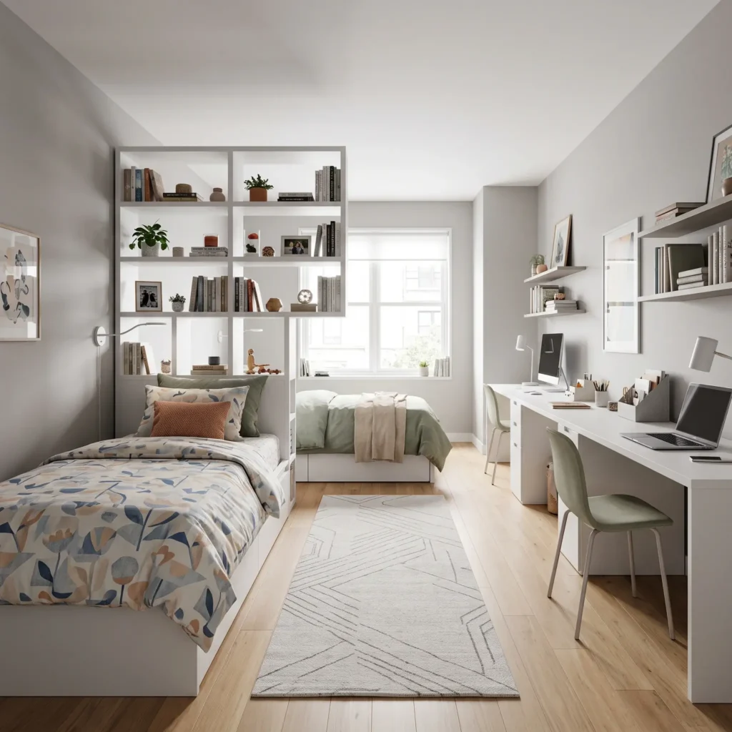 Head-to-head twin bed layout for shared teen girl bedroom separated by a center privacy bookcase.