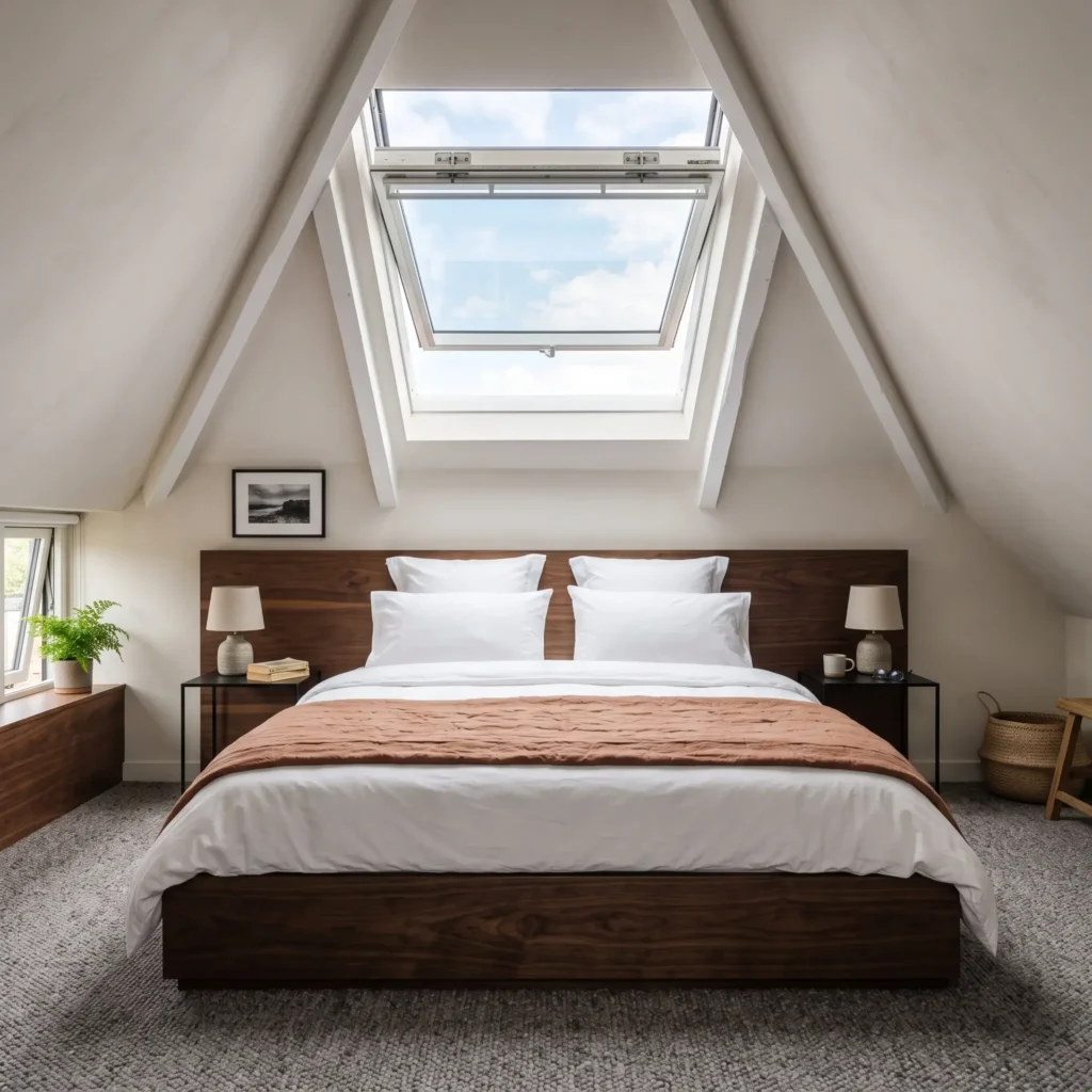 Low walnut platform bed centered directly beneath a large pitched-roof skylight with blackout shades.