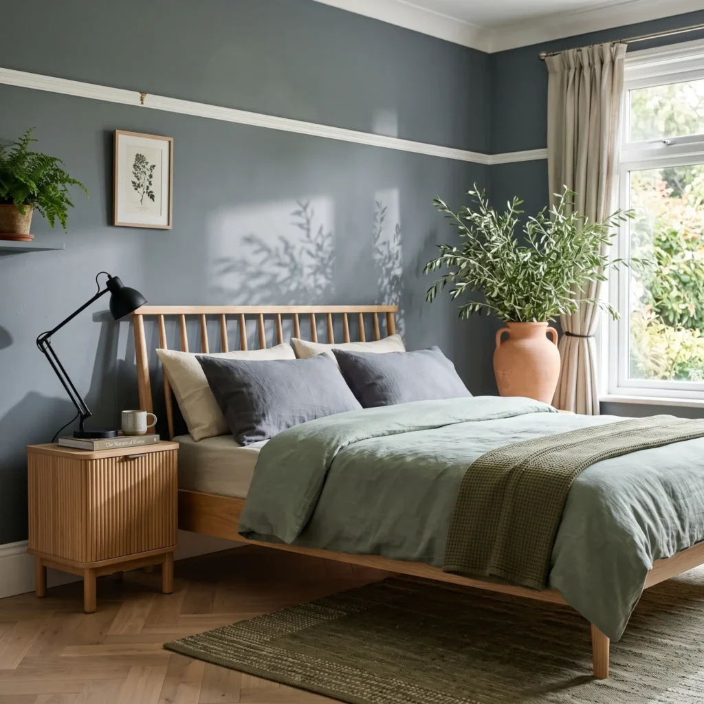 Biophilic bedroom design featuring Benjamin Moore Stonington Gray walls, sage green linen duvet, and natural ash wood spindle bed frame with olive branches.