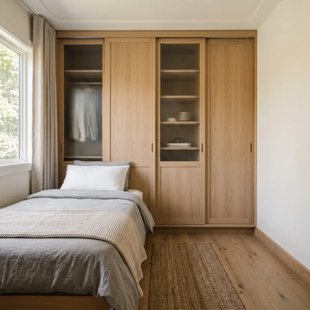 Floor-to-ceiling wardrobe with white oak and fluted glass sliding bypass doors in a small bedroom.