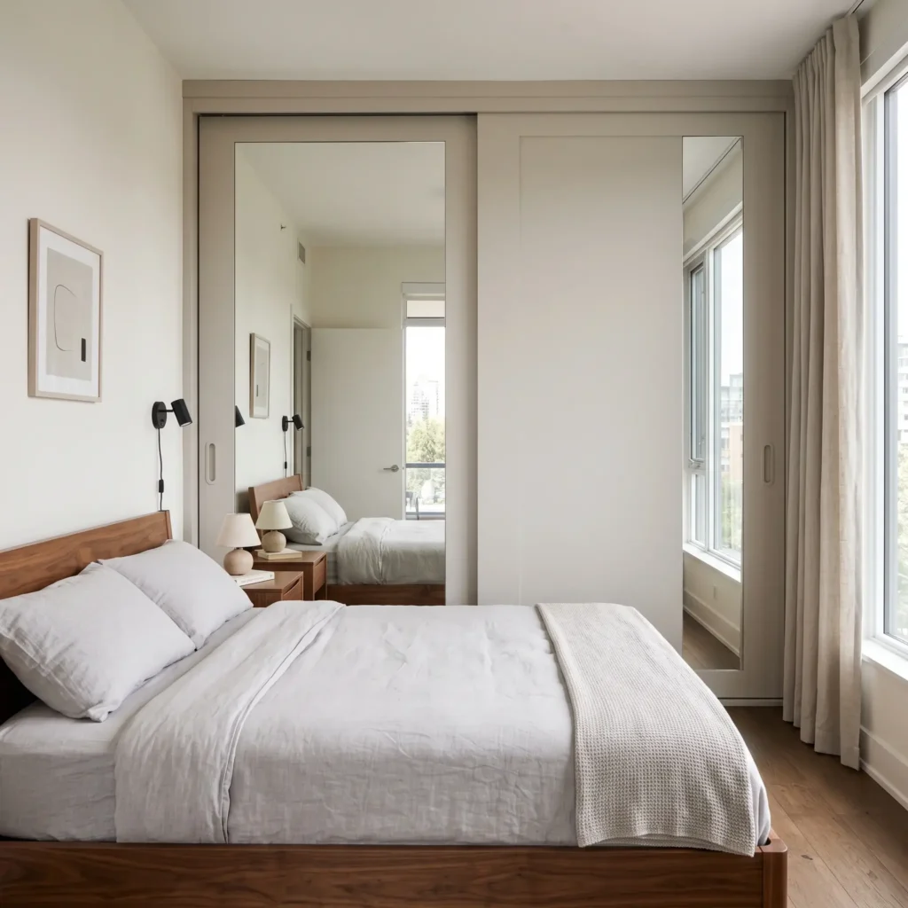Floor-to-ceiling built-in closet with sliding white panels in a compact bedroom.