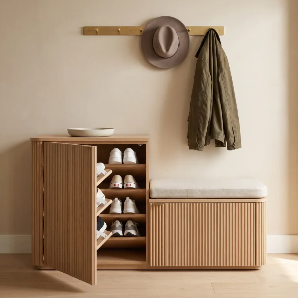 Slim fluted oak entryway bench with tilt-out shoe storage compartments against a warm beige wall.