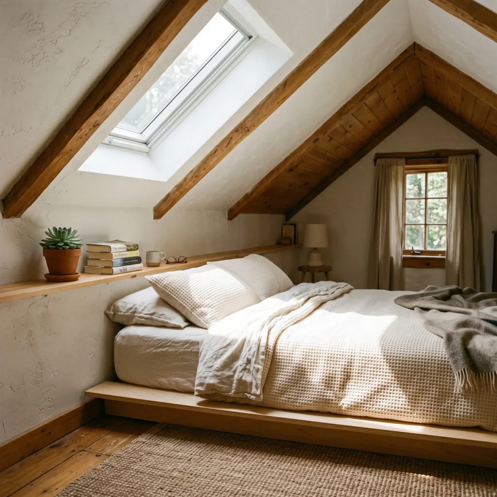 Low platform bed positioned against a short knee wall underneath an attic ceiling slope with a roof skylight.