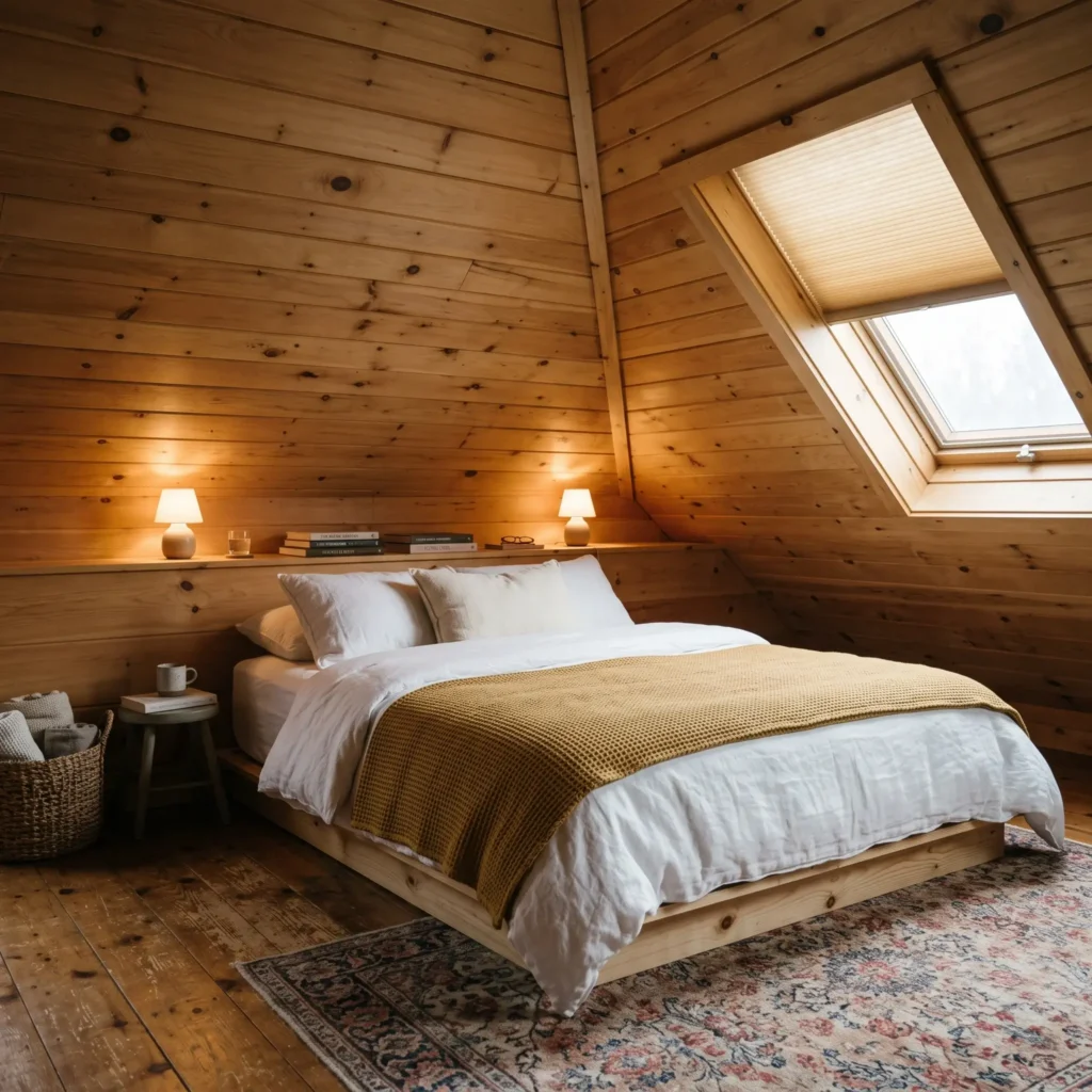 Cozy attic bedroom layout with bed positioned under sloped ceiling against a low knee wall with integrated storage ledge.