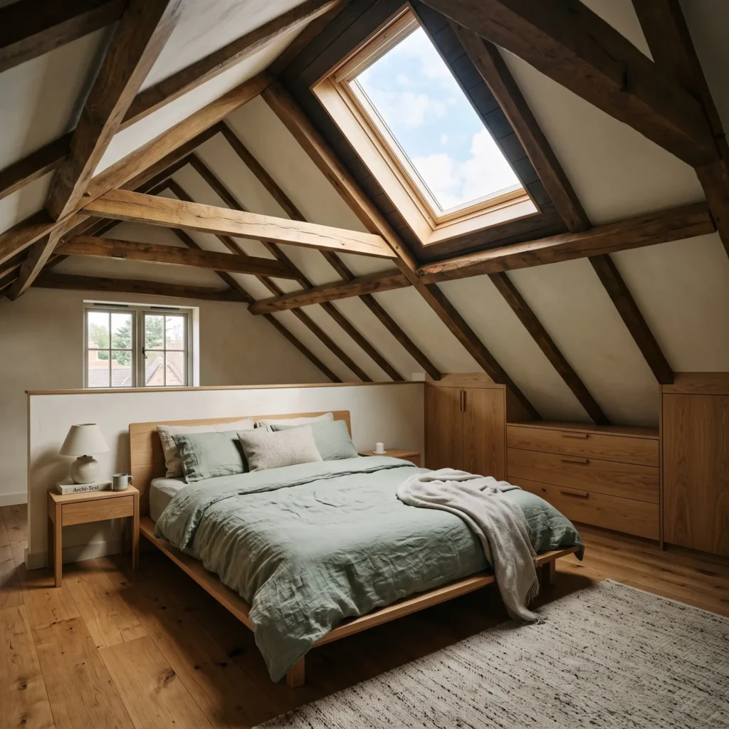Attic primary bedroom floor plan with a low platform bed placed against a five-foot knee wall under sloped rooflines.