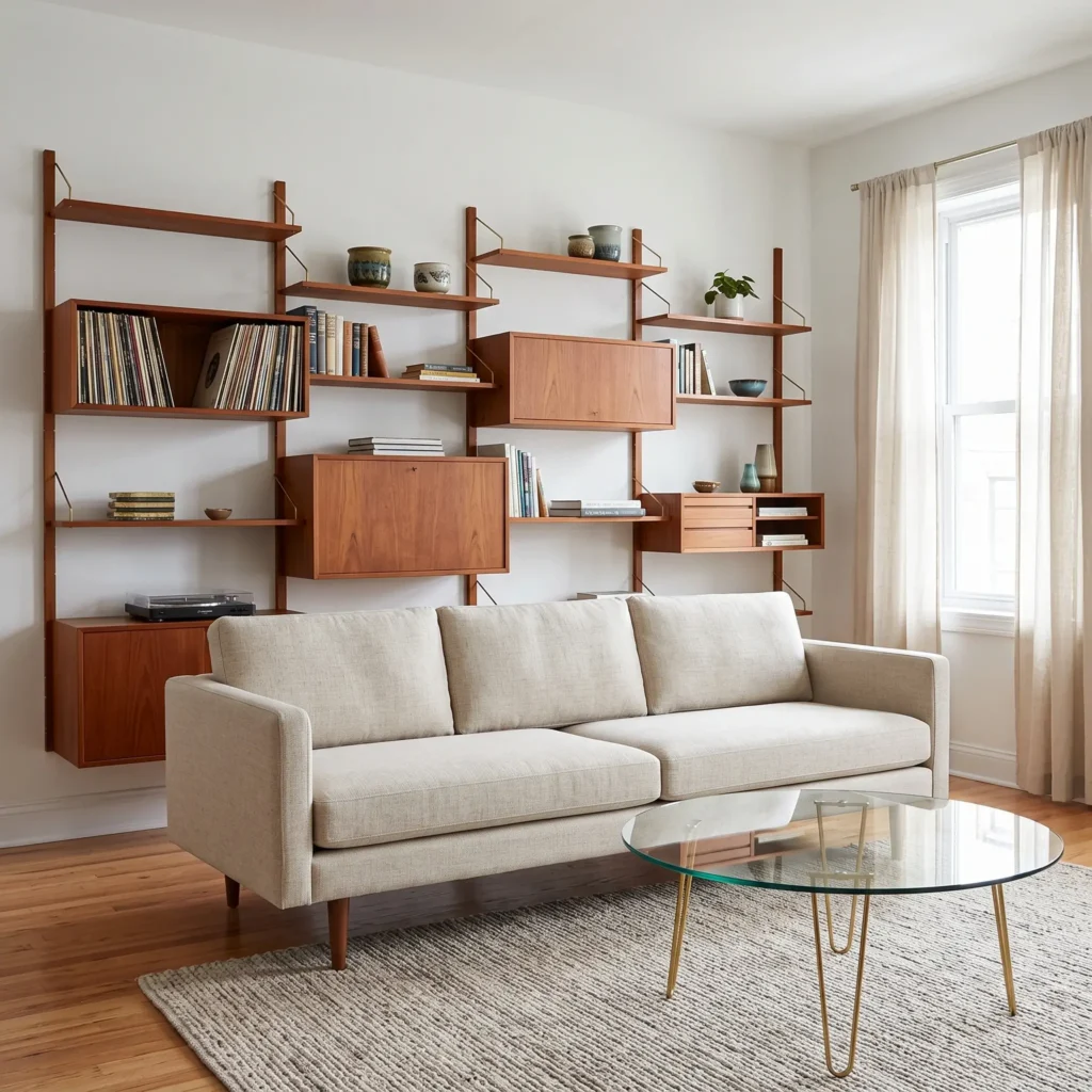 Small apartment living room with wall-mounted mid-century shelving unit and compact sofa