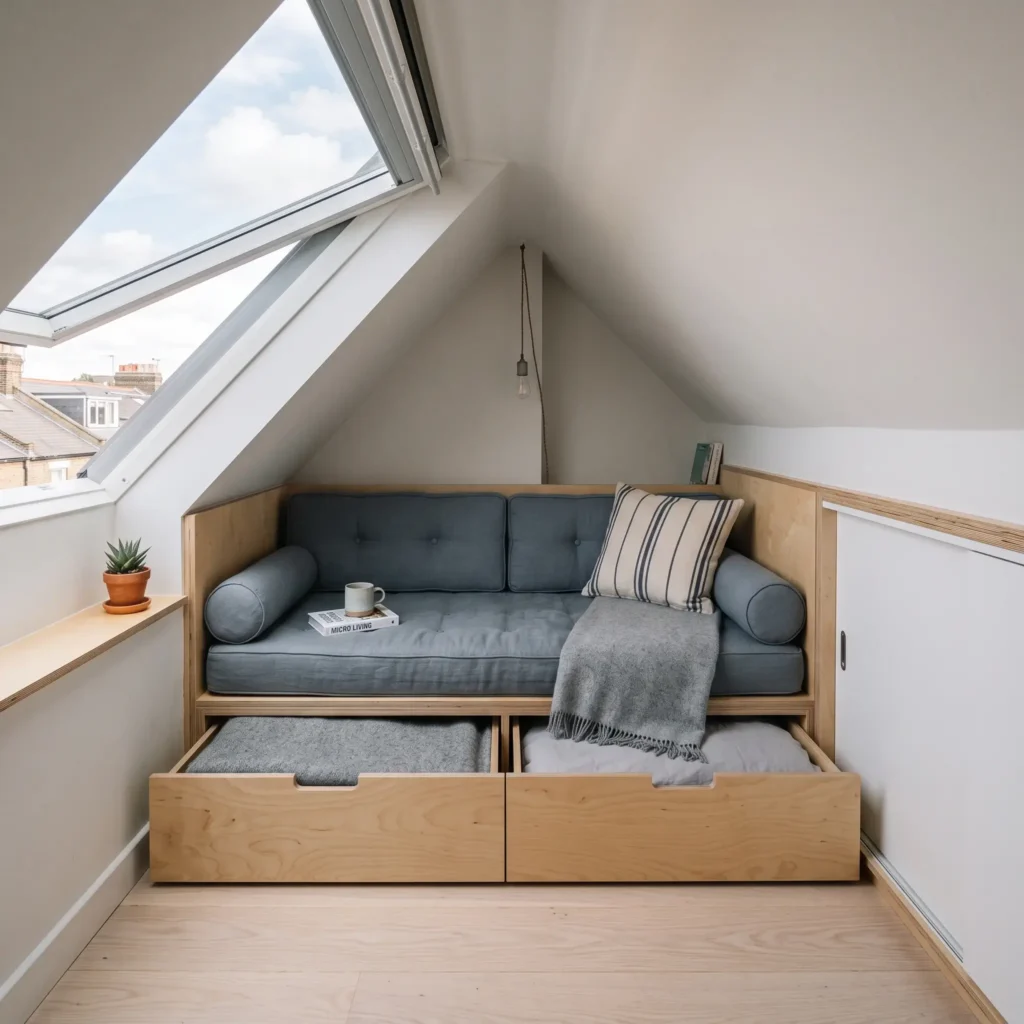 Small attic bedroom studio with a corner-fitted daybed and flush sliding knee-wall storage doors.