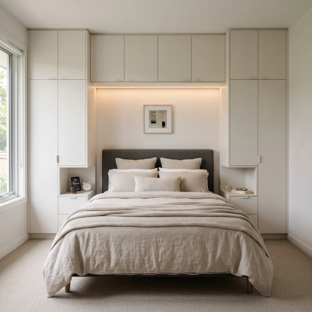 Centered double bed framed by floor-to-ceiling built-in wardrobes and overhead cabinets in a small room.
