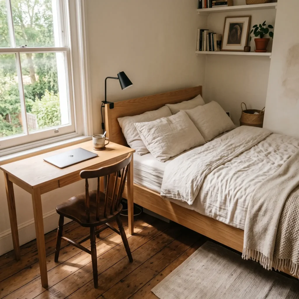 Corner full bed paired with a slim wood desk that acts as both workspace and nightstand.