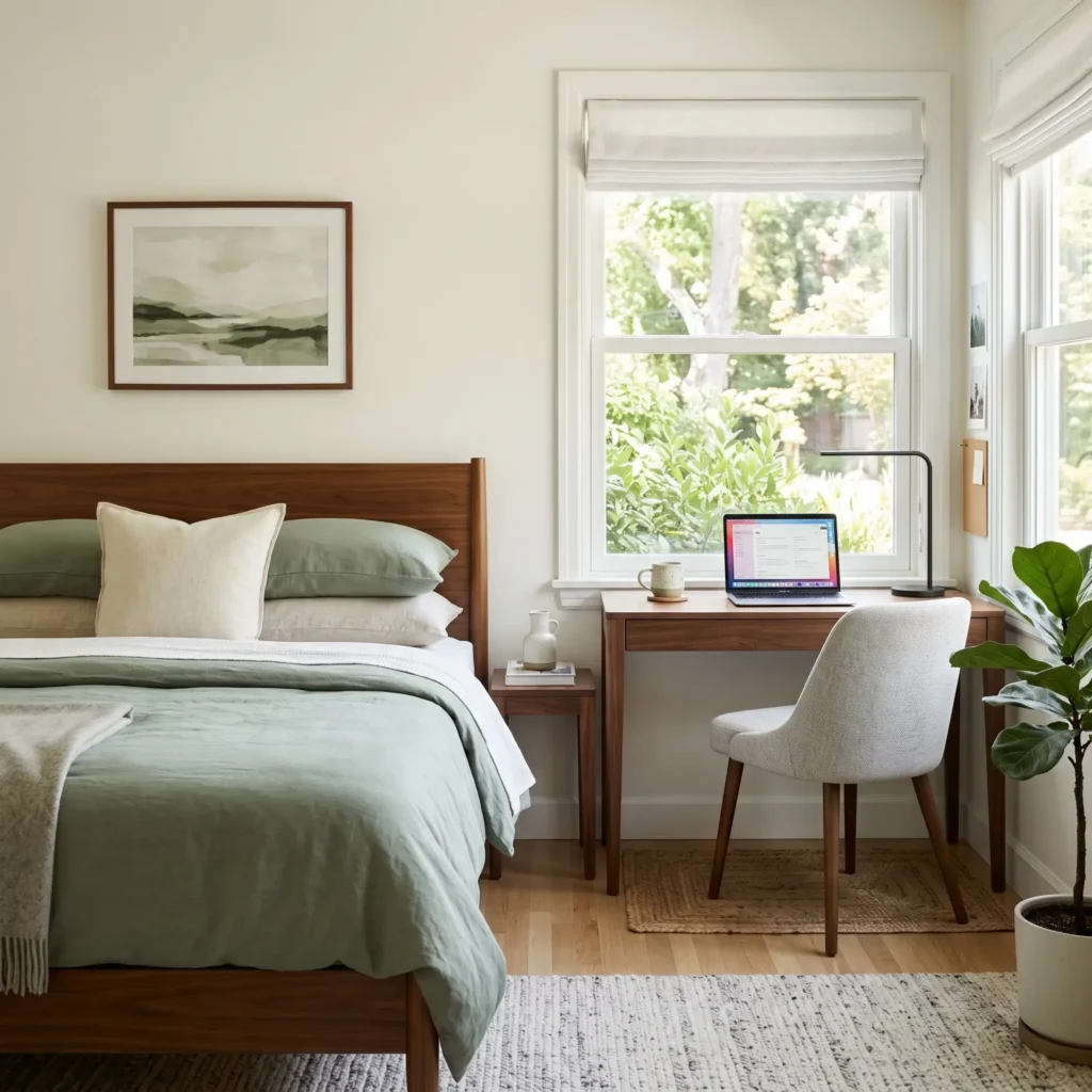 Compact bedroom and home office combo featuring a walnut platform bed beside an ergonomic 40-inch window desk.