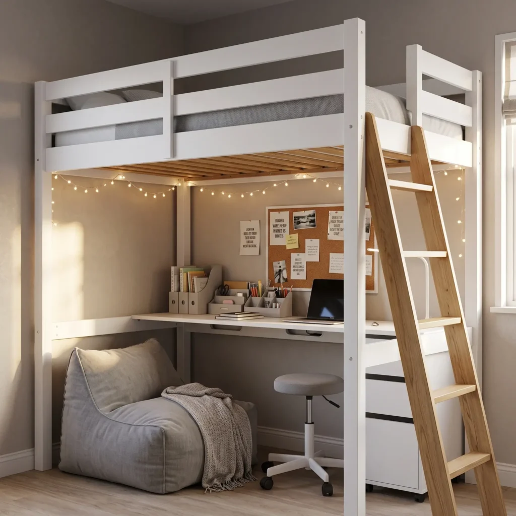 Space-saving loft bed layout with study desk and reading nook underneath for small teen bedrooms.
