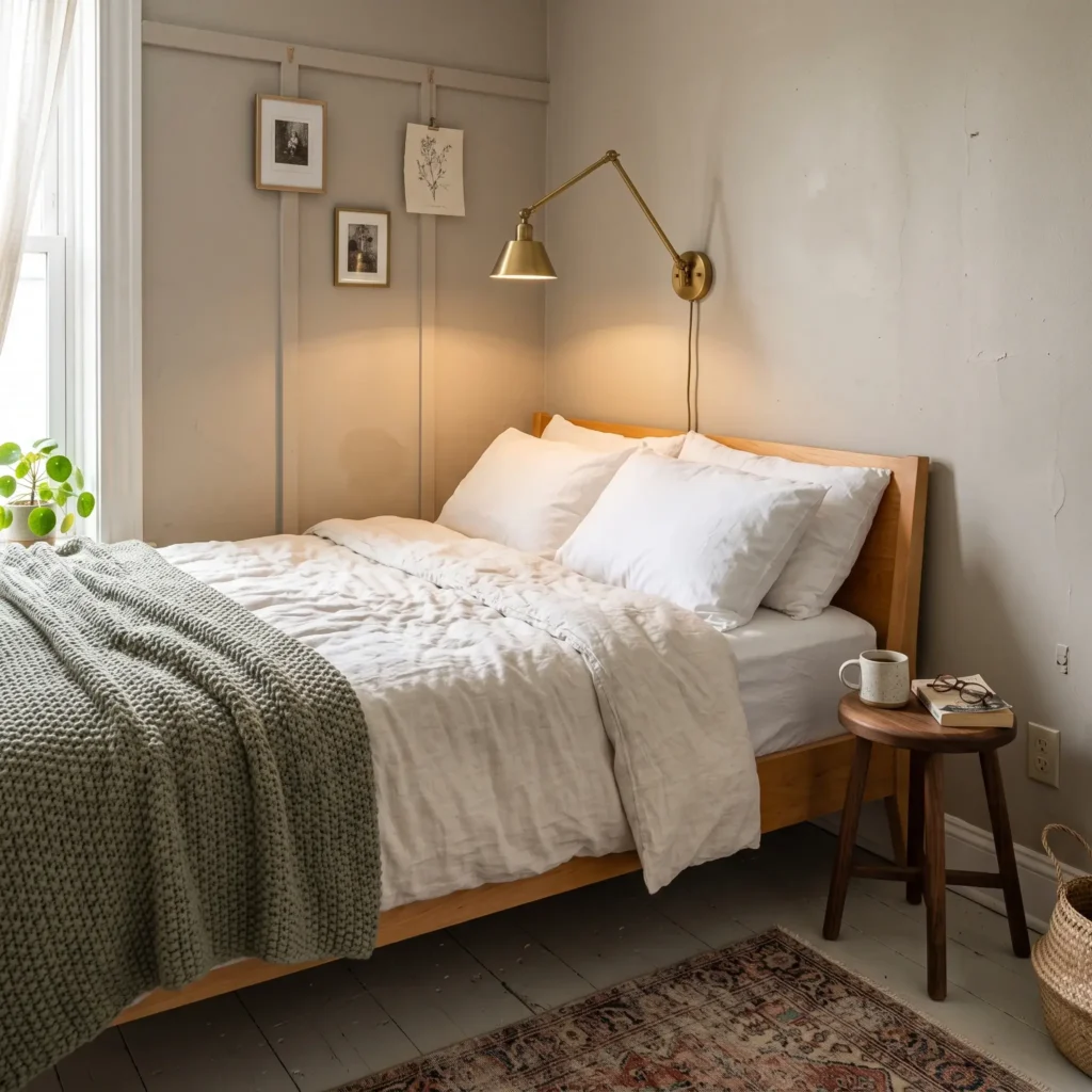 Small cozy corner bedroom layout showing a Full bed tucked into an alcove with wall-mounted reading light.