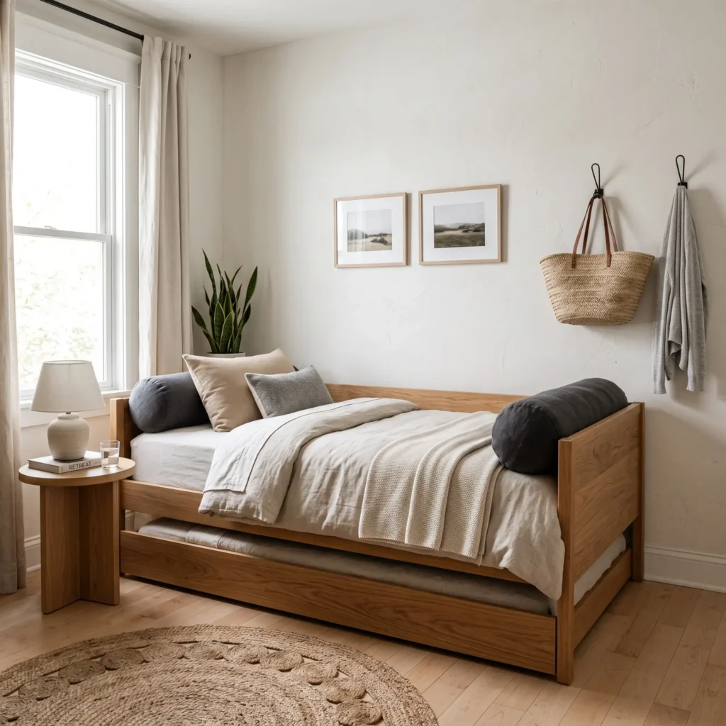 Cozy small guest bedroom with a white oak daybed, pop-up trundle, and deep bolster pillows.