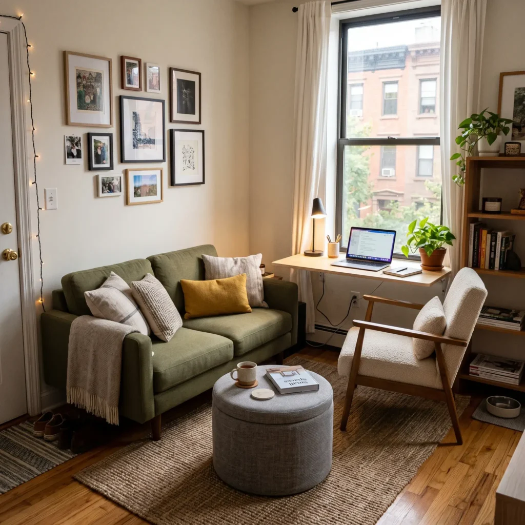Small apartment living room layout integrating a loveseat with a compact work-from-home desk.