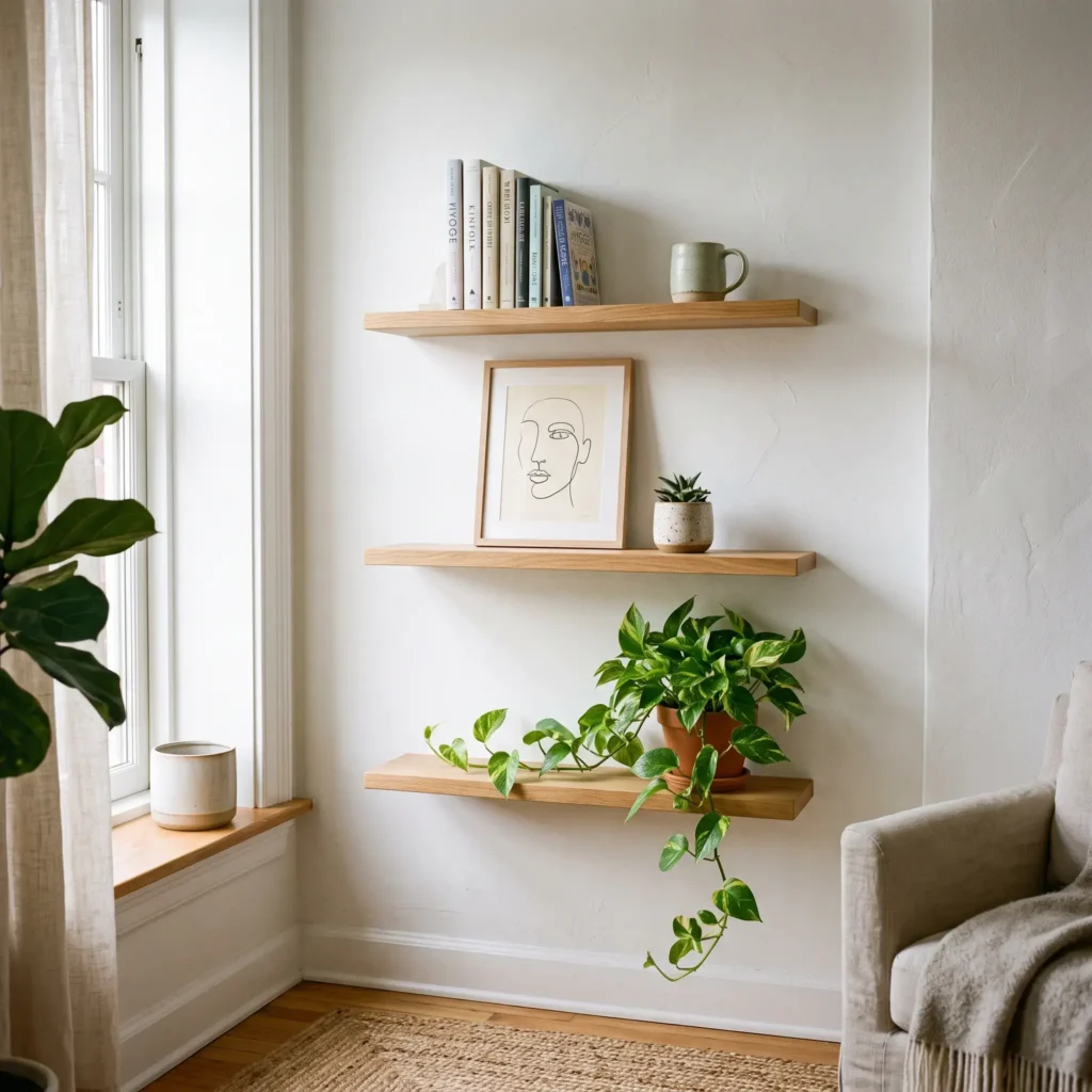 Natural oak floating shelves styled with a trailing pothos plant, a leaning framed sketch, and a short stack of books.