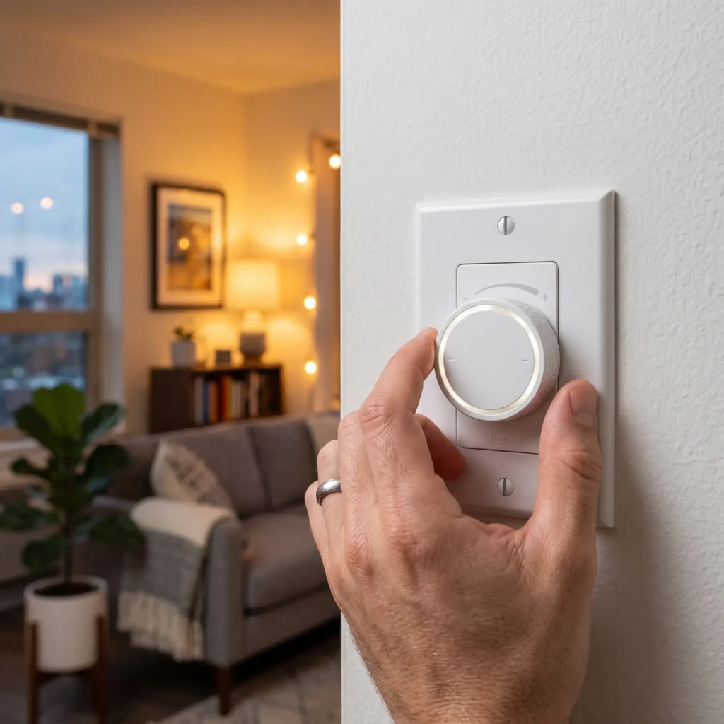 White rotary dimmer dial snapped directly over a traditional apartment toggle light switch