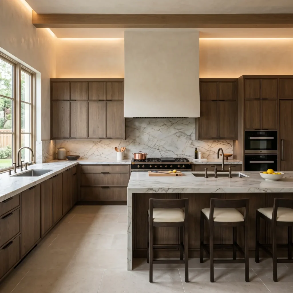Smoked oak micro-shaker kitchen cabinets paired with full-height Taj Mahal quartzite backsplash and counters.