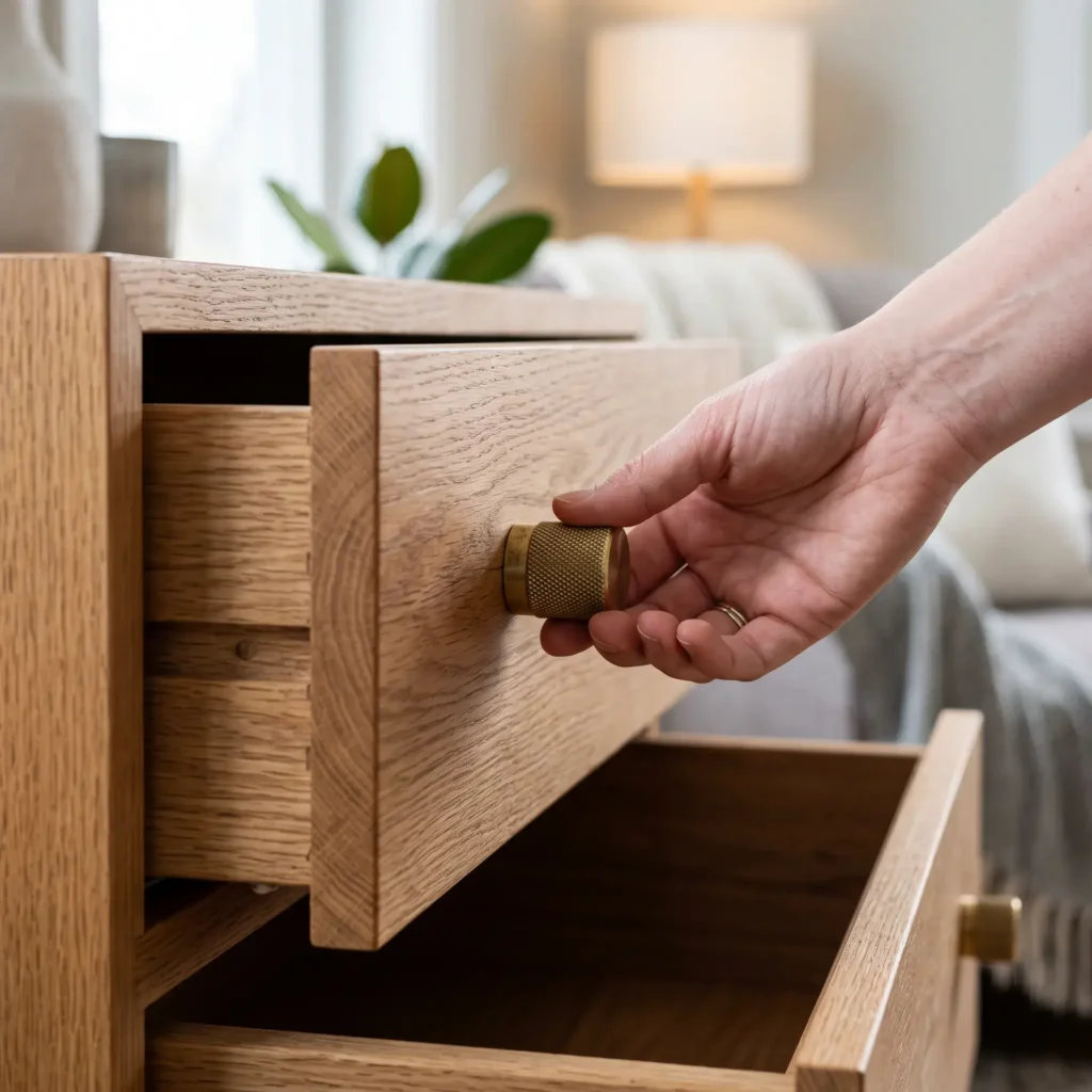 Solid knurled brass knobs installed on a simple wooden bedroom nightstand drawer.