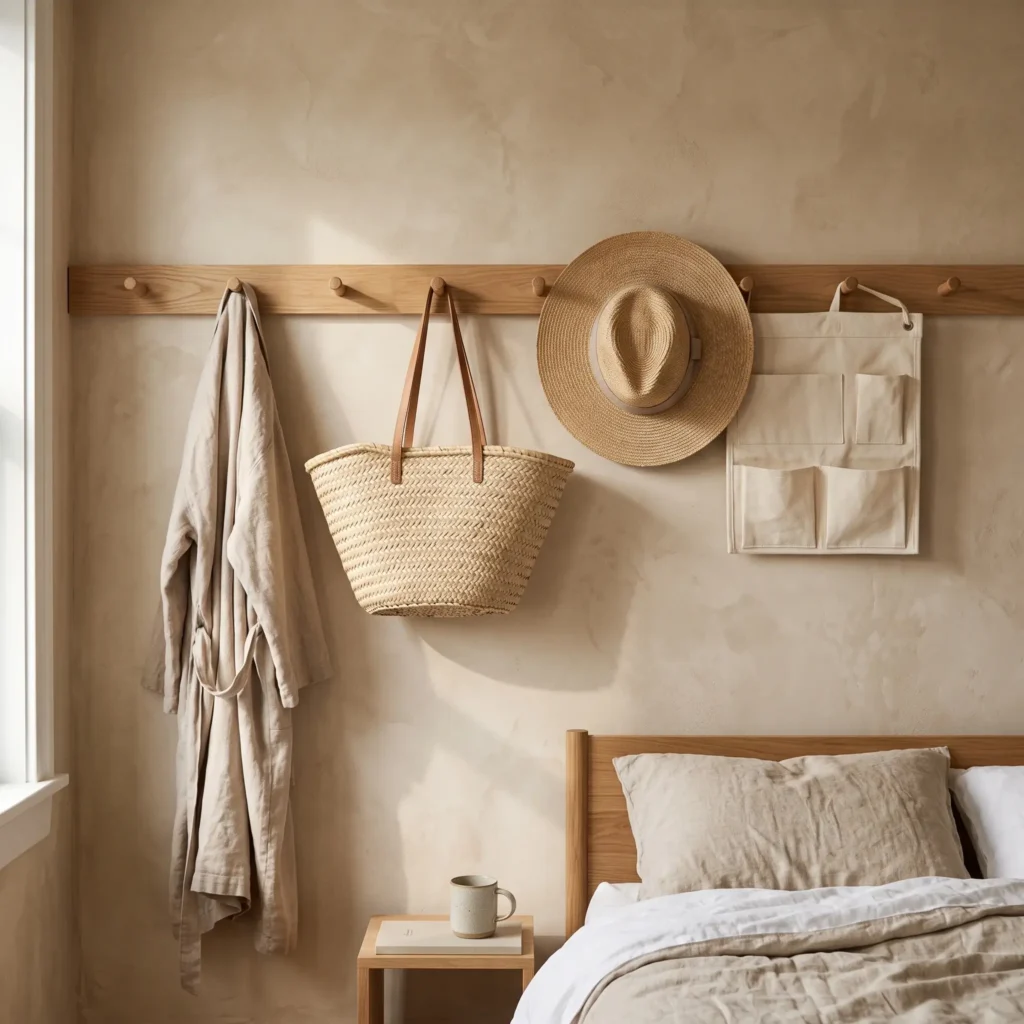Solid white oak Shaker peg rail mounted on a warm plaster wall holding a linen robe and woven basket.