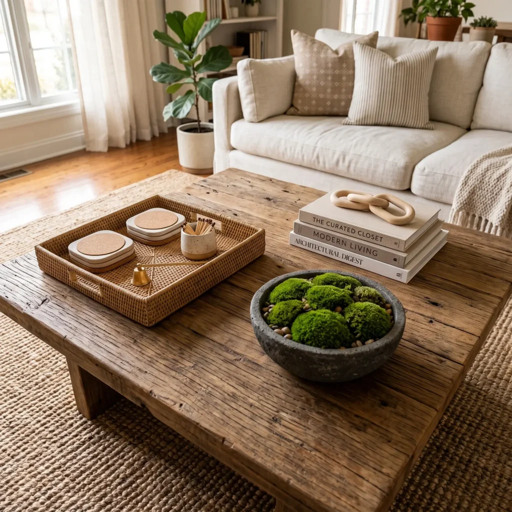 Large square reclaimed wood coffee table styled in four quadrants with a tray, books, and a moss bowl.