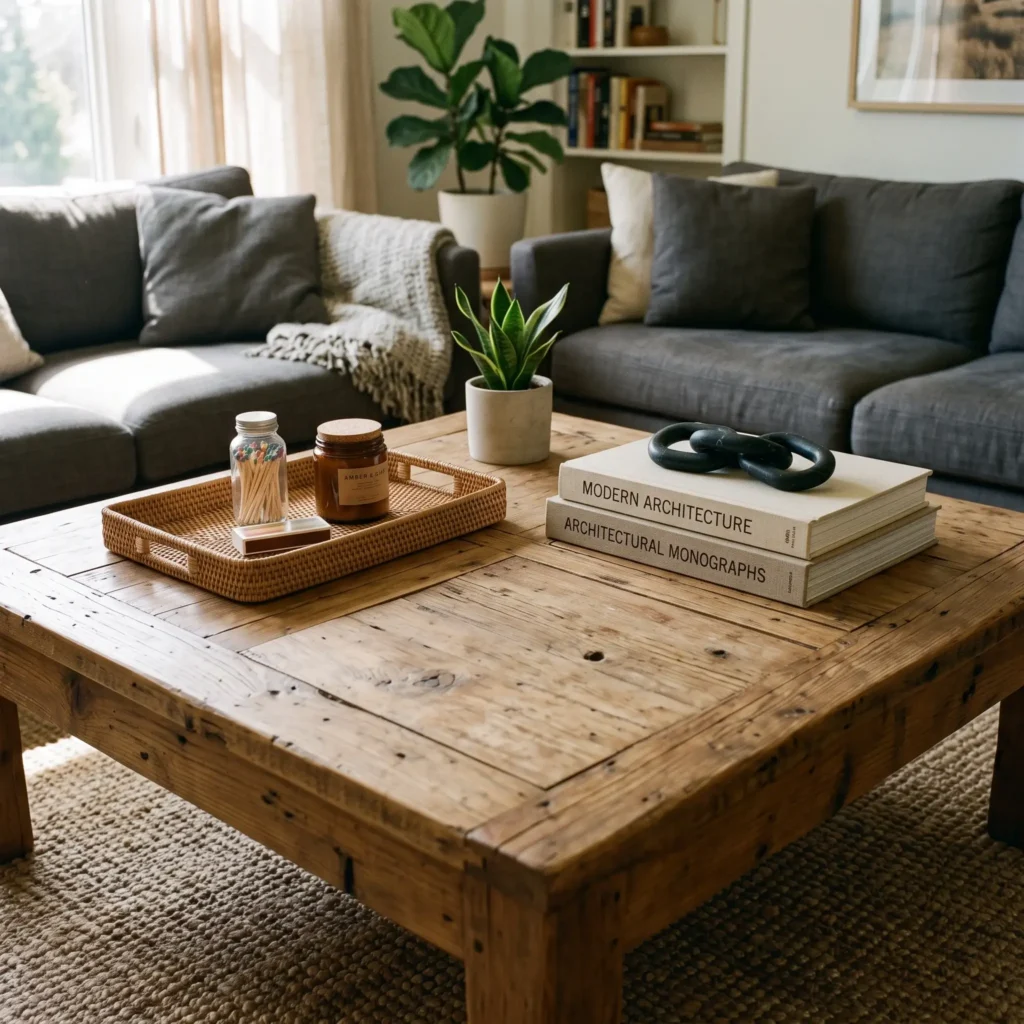 Large square wooden coffee table divided into four quadrants with a woven tray, stacked books, and open space.
